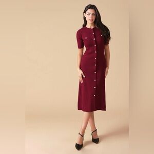 Burgundy Knit Midi Dress |Button-Down Sweater Dress|Elegant Fall/Winter Look|M–L